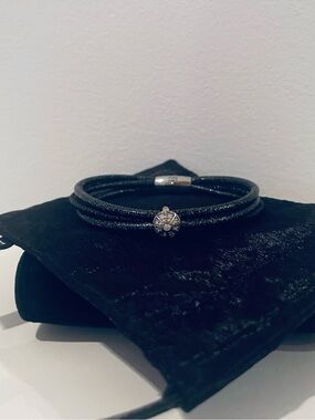 Triple leather New Grey Bracelet with Swarovski Crystals Silver Charm & Free bag